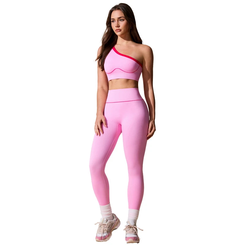 Cross-border Breathable Yoga Suit Set Women Color-Block Off-Shoulder Bra High-Waist Butt-Lifting Yoga Pants Pilates Tight