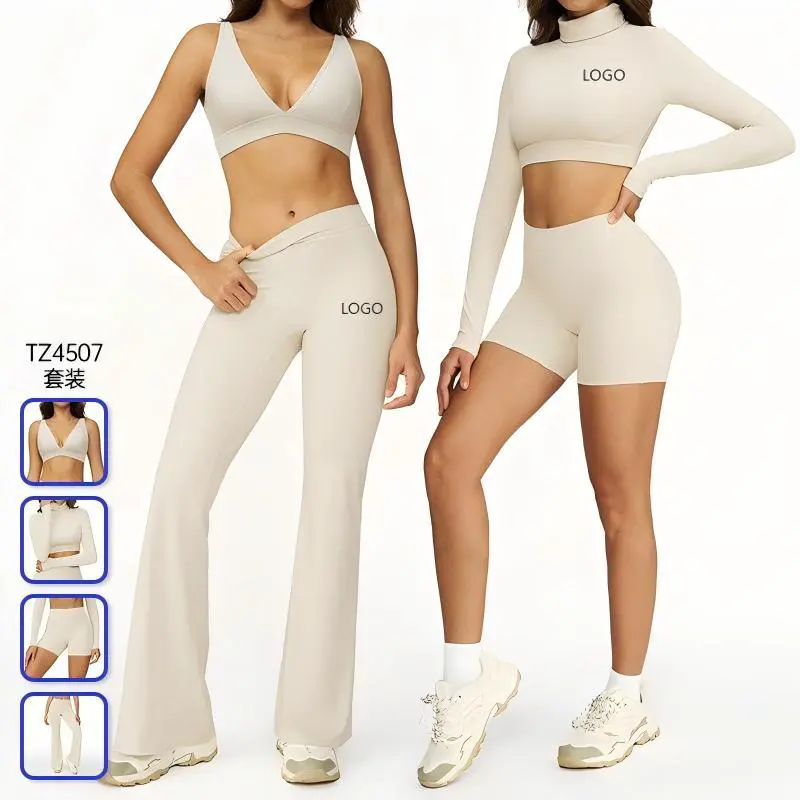 Custom High Quality Solid Eco-Friendly Breathable Sanded Yoga 5 Piece Sets Activewear Elastic Waist Sports Bra Butt Lift Front