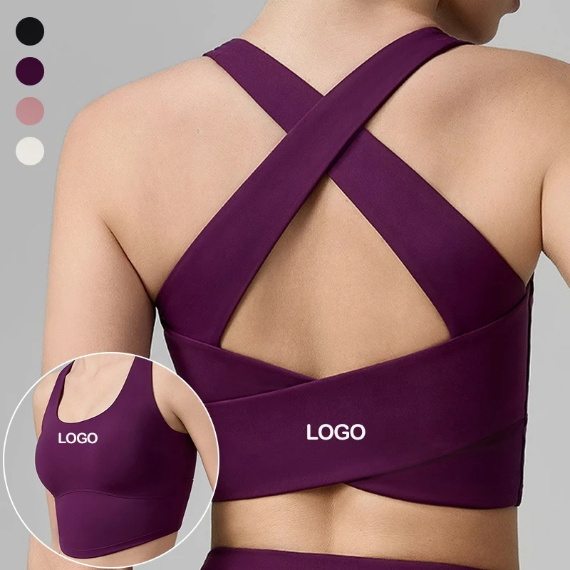 Women's Wide Straps Sports Bra Double Layers Cross Back Hollow Yoga Crop Tops Quick Dry Fixed Paddings U Neck Gym Fitness Top