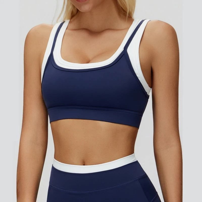 Women's High Elastic Soft Faux 2 PC Contrast Color Wide Hem Sports Bra Comfortable Removable Pads Running Bras