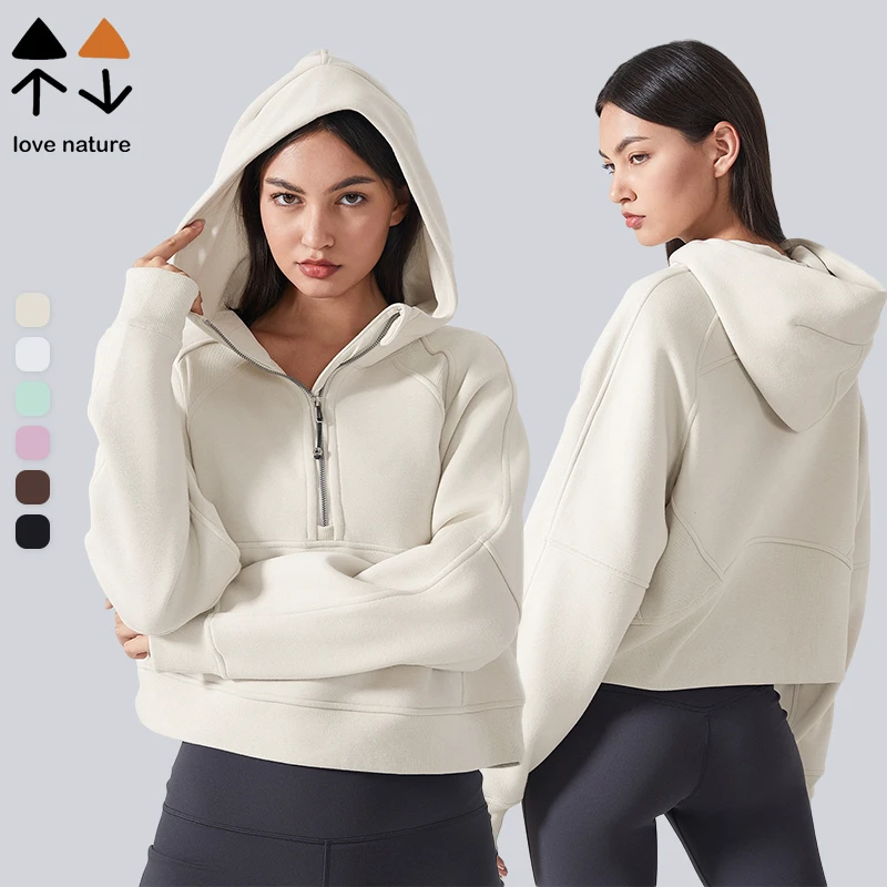 Women's Autumn Fleece-lined Polyester Cotton Warm Yoga Suit Half Zipper Button-Up Collar Hoodie Outdoor Fitness Loose Sports Top