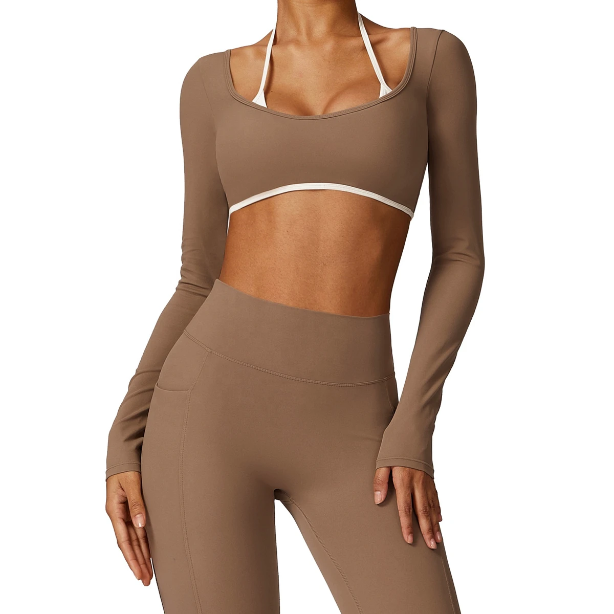 Women's Elastic Long Sleeve Yoga Legging and Tops Set Solid Pattern Quick Dry Size XL Spandex Material Cropped V Cut