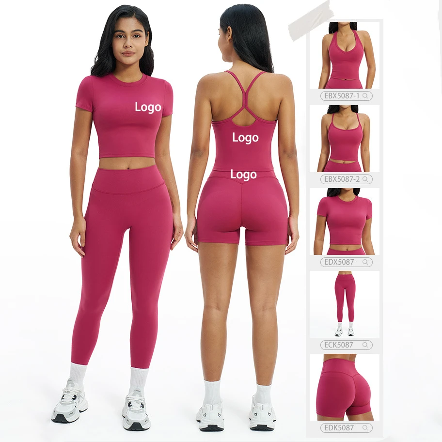 5-PCS Solid Color Gym Fitness Set Wholesale Quick Dry Four-Way Stretch Skin Friendly High Waist Yoga Set Workout Fitness Women