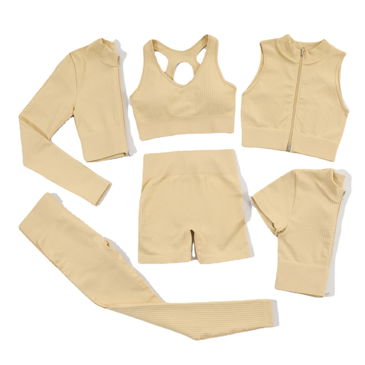 Women 6Pcs Ribbed Yoga Set Ropa Deportiva Mujer Seamless Workout Women Gym Sets