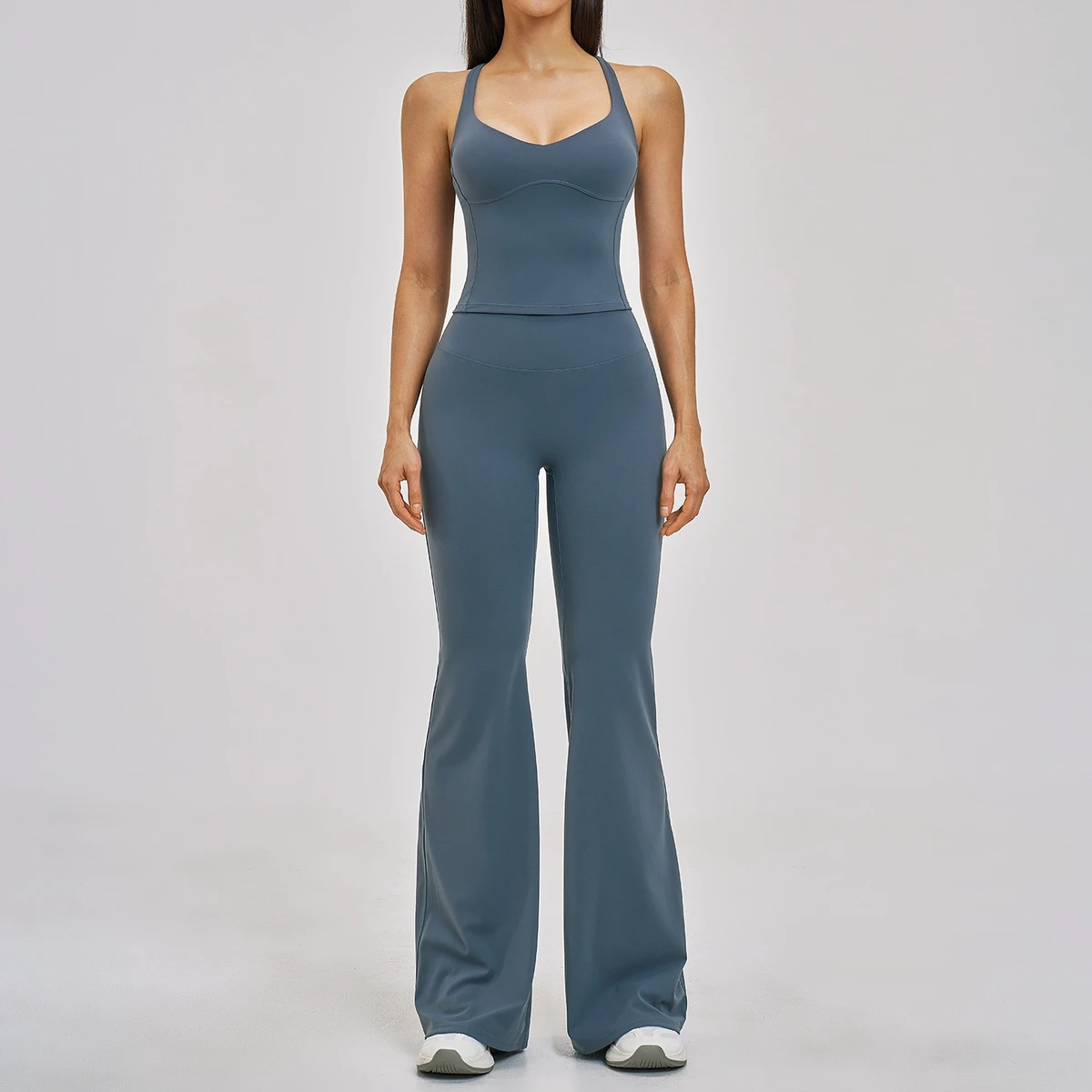 Women's Solid Brushed Sweat-Wicking Wrinkle-Resistant Yoga Pilates 2-Piece Set Crisscross Straps Anti-Shock Fitness Wear