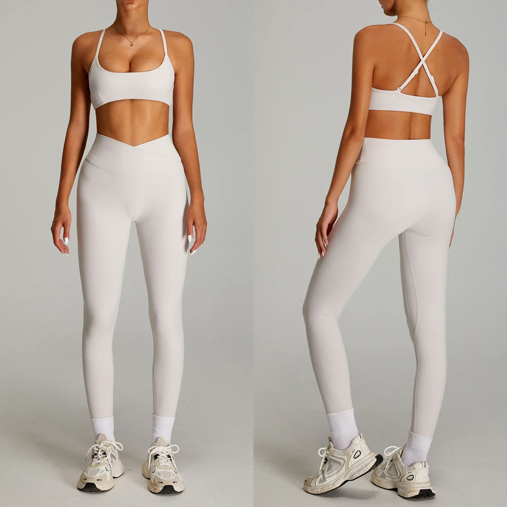 High Quality 2 Piece Cross V-shaped Waist Leggings Women Activewear Fitness & Yoga Wear Sports Bra Gym Fitness Sets