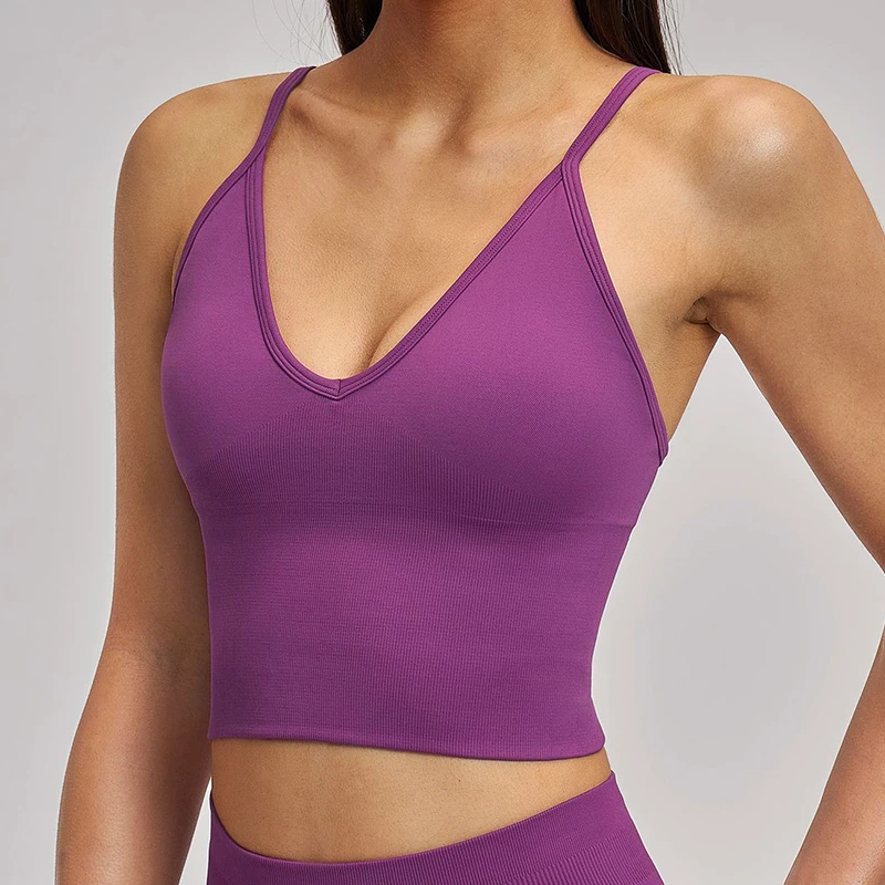 CIYING Criss Cross Back Longline Yoga Crop Top Custom Logo Ribbed V-Neck Seamless Yoga Tank Top