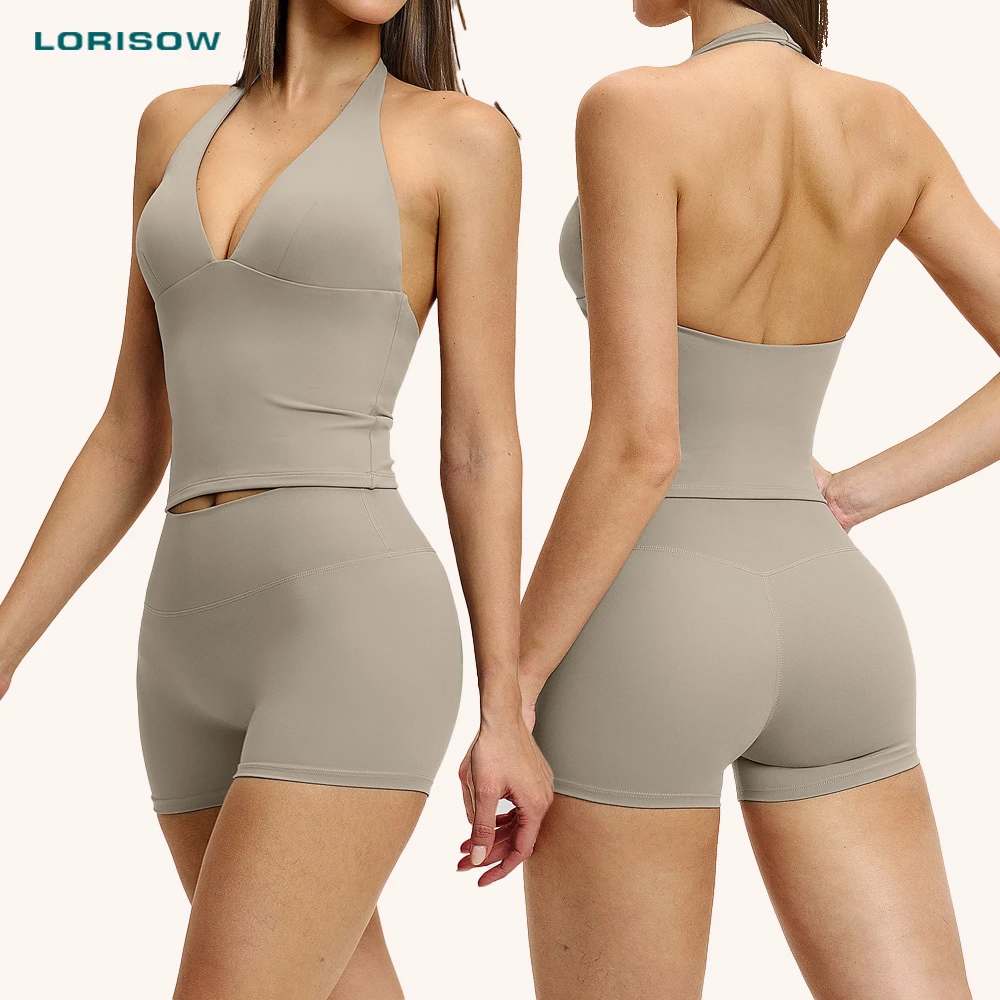 LORISOW European American Yoga V Neck High Elasticity Quick Drying Hip Lifting Women's Gym Sports Bra Top & Booty Shorts