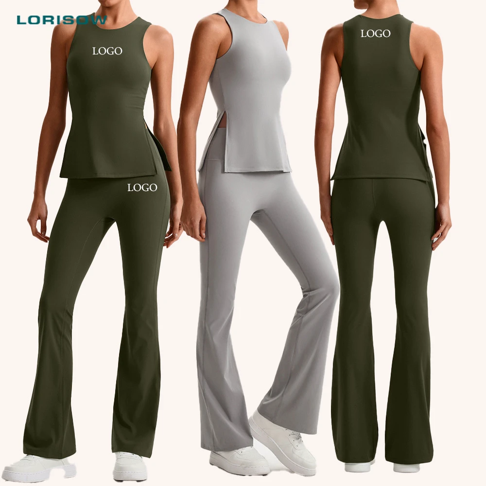 LORISOW Two Pieces Yoga Suit Gym Yoga Sets for Women Soft Active Wear Sportswear Custom Logo Tank Top High Waist Flared Pants
