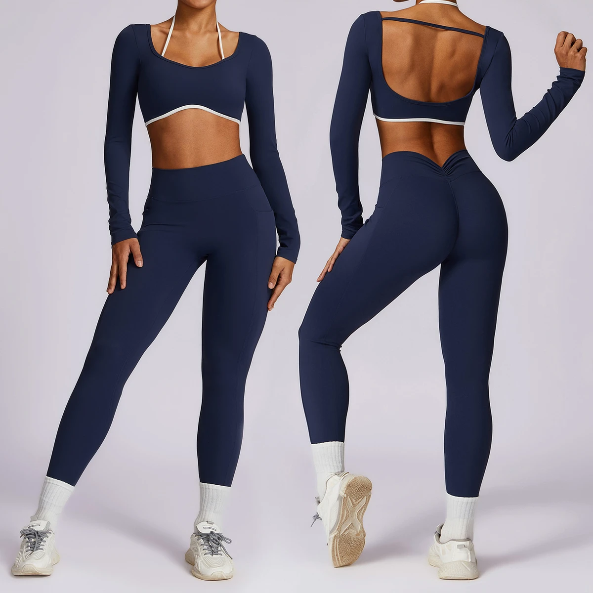 DTZ8605-2 Yoga Suit Long Sleeve Vest Breathable Beautiful Back Sports Lingerie Slim Fit and Slim Fitness Pants Three-piece Set