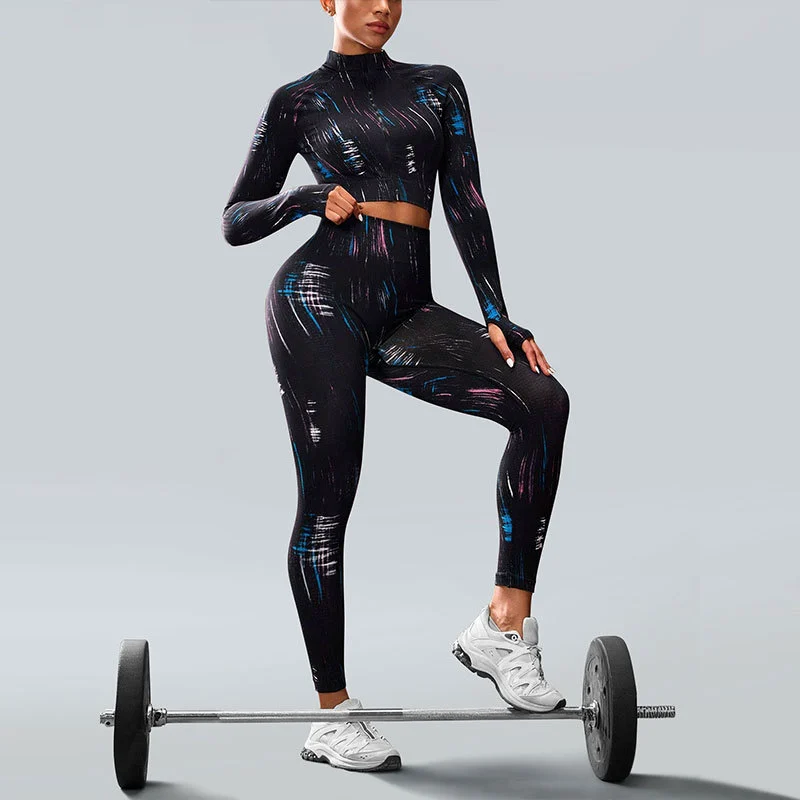 Customized Women's Yoga Sets New Style Long Sleeve Zipper Top and High Elastic Tight Pants Sports 2 Pcs Sets