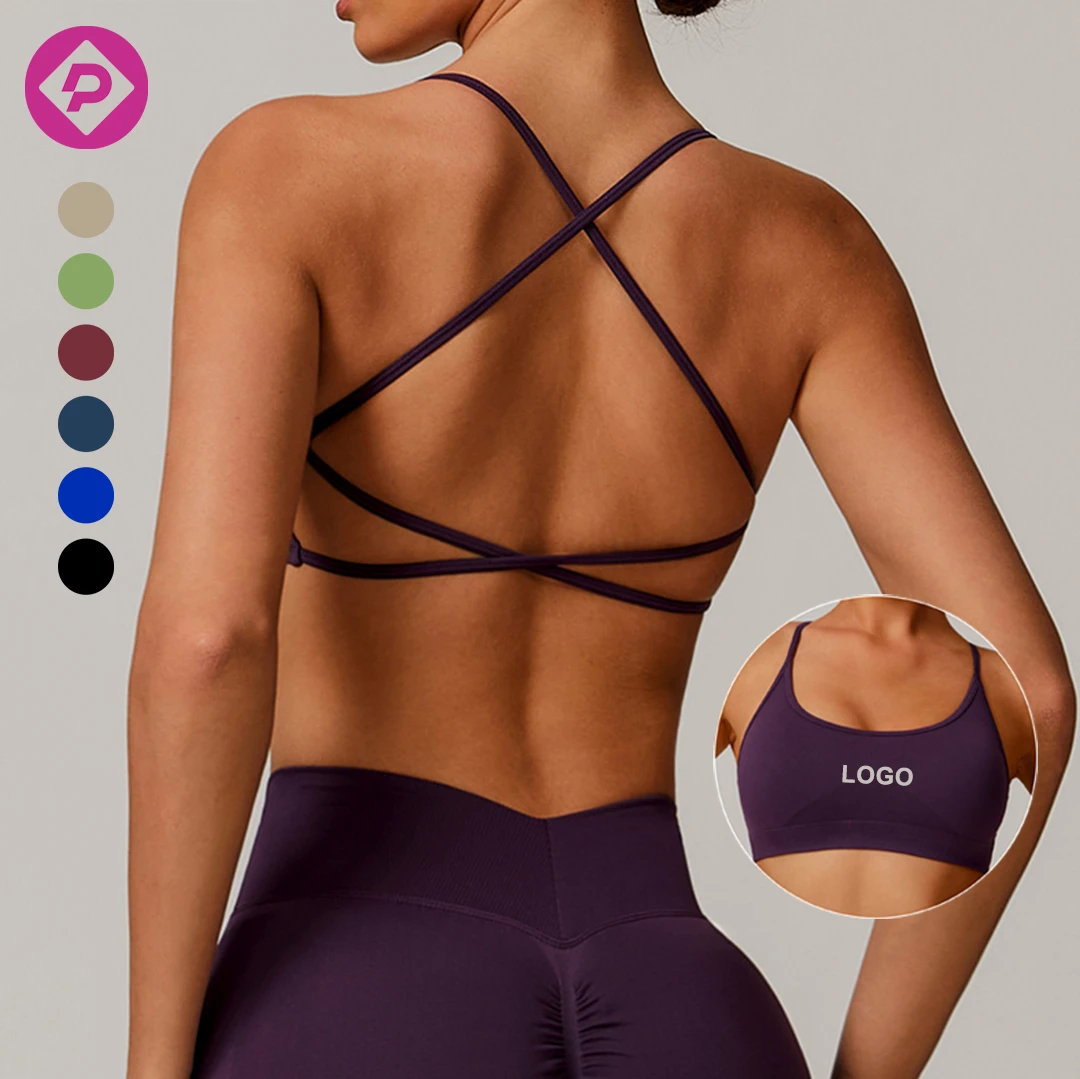 Custom Logo Seamless Yoga Quick-Dry Fitness Tank Top Straps Breathable Cross Back Running Gym Sports Bra