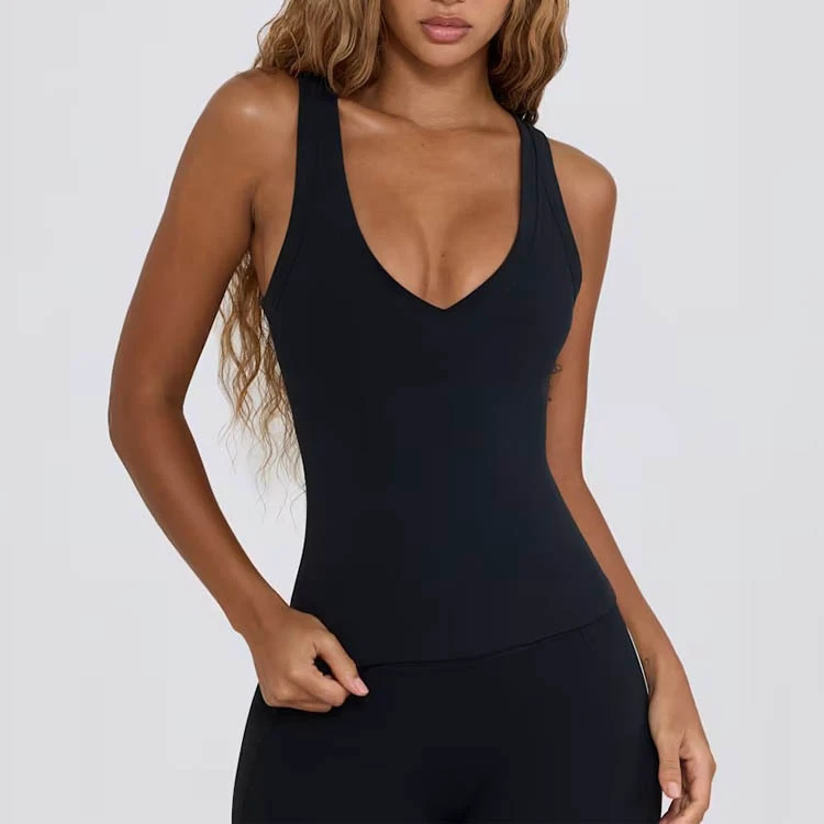 Women's Lightweight Workout Vest Simple Slim Fit Tank Top V Neck Breathable Stretchy Soft Custom Logo Built Bra Plain Yoga Top