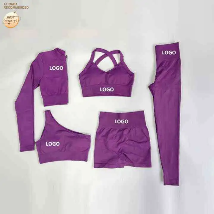 Wholesale High Stretch Compression 5 Piece Yoga Set Sport Bra Booty Lift Leggings Set Long Sleeve Bra Tops Sports Set for Women