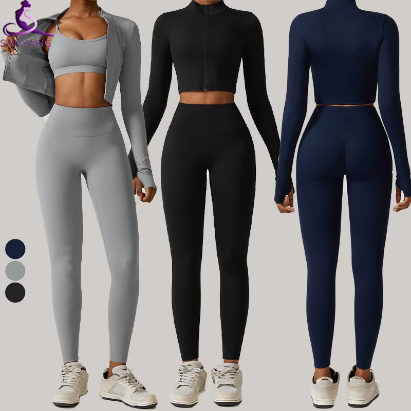 Quick Dry Women 3 Piece Long Sleeve Tops Yoga Set Custom Soft Activewear Set Workout Sports Bra Jacket Leggings Gym Fitness Sets
