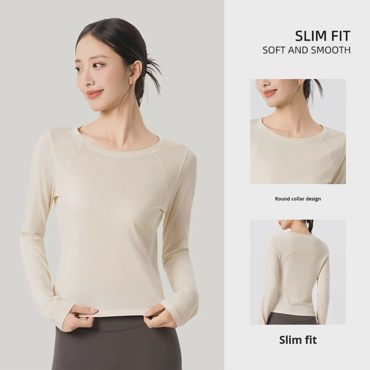 Cross-border Crew Neck Breathable Lightweight Quick Dry Four-Way Stretch Solid Yoga Pilates Fitness Clothes Long-sleeved Women's