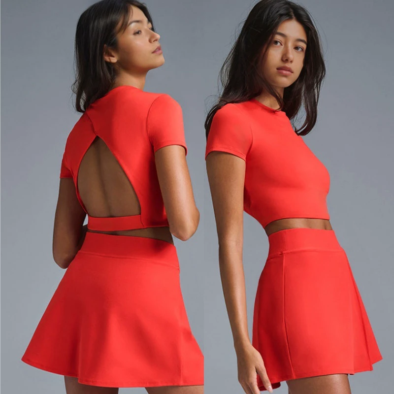 Aoyema Open Back Tops Crop Soft Breathable Sexy Short Sleeve New Design Quick Dry Yoga Fitness Wear Tennis Top Skirts Sets