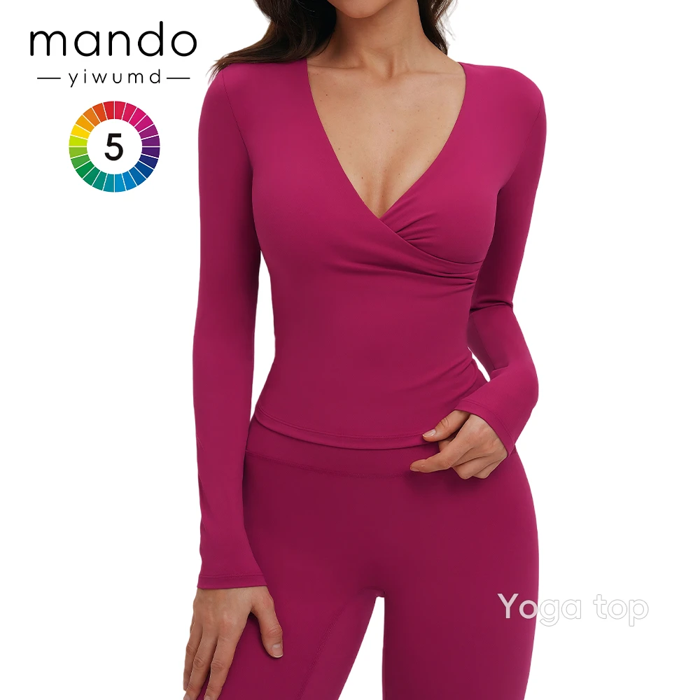 Women's Cross V-Neck Long Sleeve Yoga Top with Built-In Bra Suitable for Gym Workouts