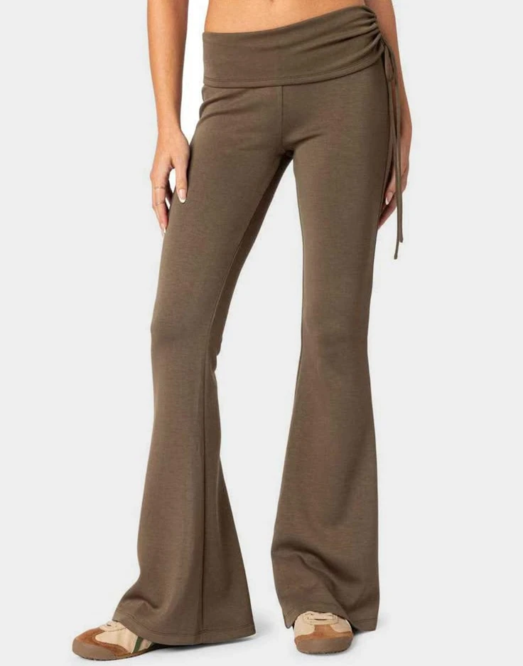Women Yoga Flare Pants Low Waisted Bootcut Leggings Soft Stretchy Athletic Pants Fold Over Waist Workout Trousers
