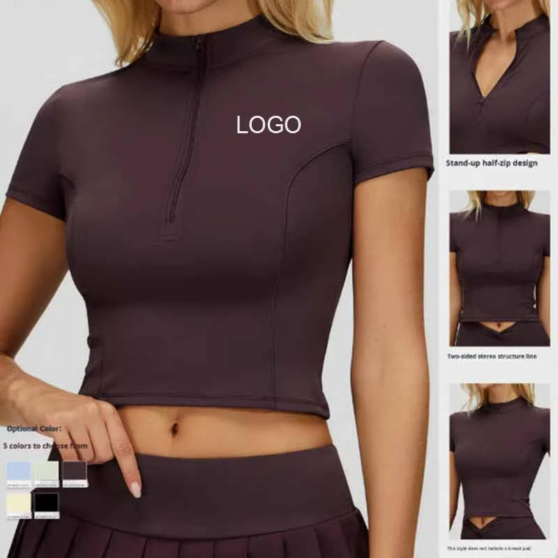 New Style Lightweight Naked-Feel Yoga Short-Sleeve Stand-Up Collar Zipper Skinny Fit Spandex/Nylon Four-Way Stretch Quick-Dry