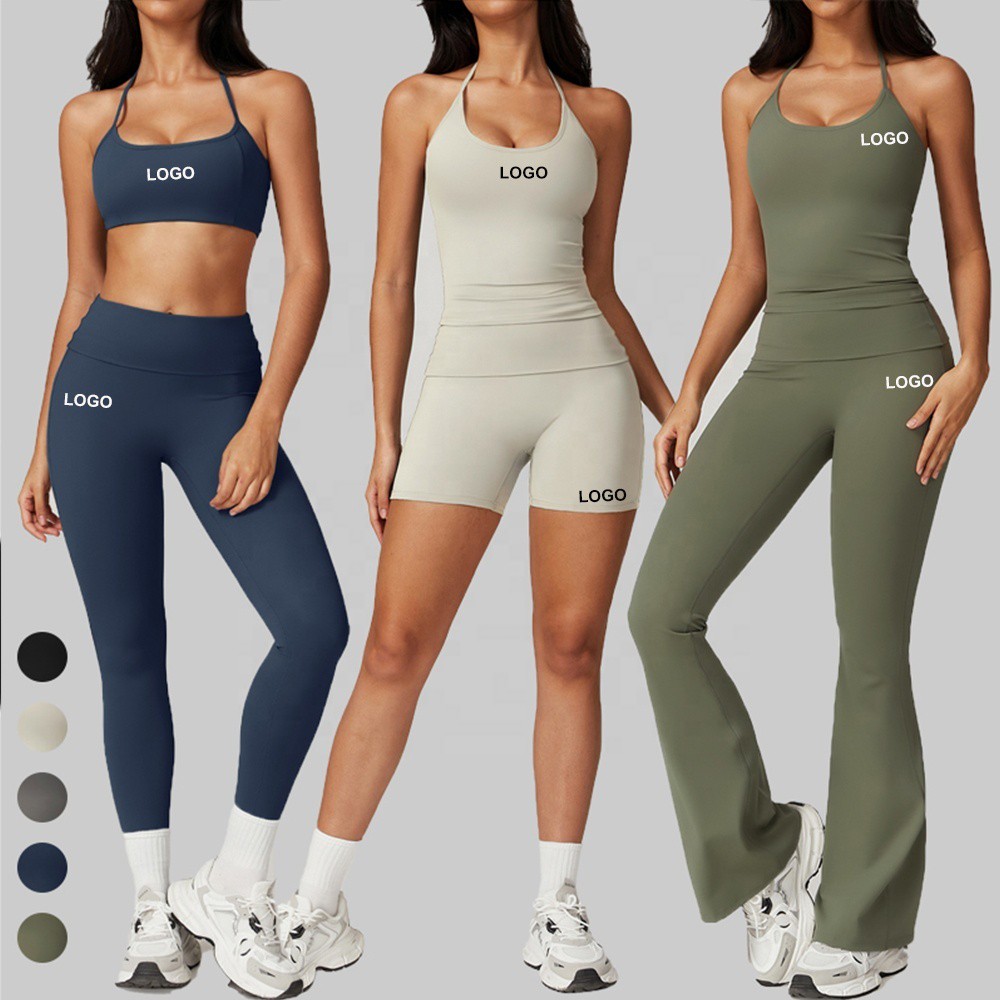 OEM Women's Gym Fitness Set 5-Piece Sports Bra Vest Yoga Leggings Flare Pants Breathable Spandex/Nylon V-Shaped Waist Workout