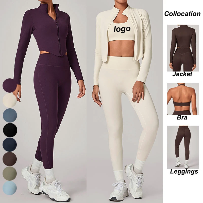 Hot Sales Crop Jacket Gym Set Naked Feelings Quick Drying Sports Bra Yoga Clothing Outfit High Waist Slim Fit Running Activewear