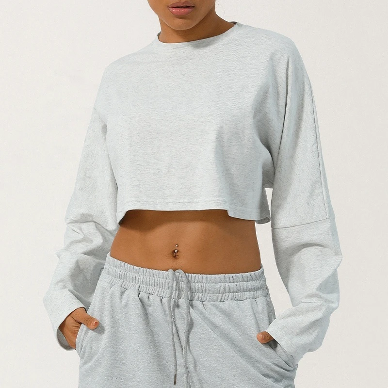 Women's Lightweight Plus Size Loose Fit Long Sleeve Cropped Yoga Crop Tops Round Neck Athletic Casual Cotton Workout Sweatshirt