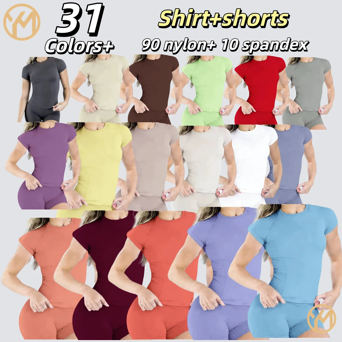 Yimo 31 Colors Hot Sale Women Solid Color Yoga Shirt Set Lady Fitness Scrunch Butt Gym Shorts Suit Female Quick Dry Sports Set