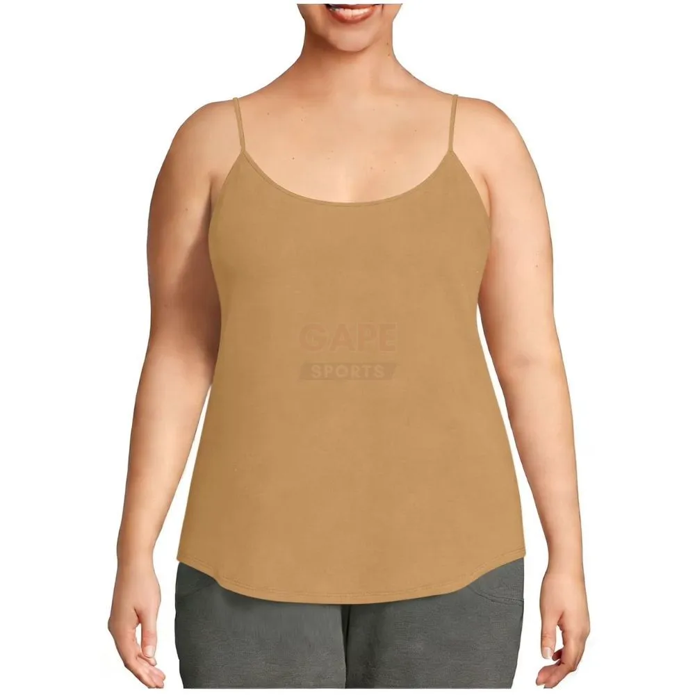 Tan Knitted Spaghetti Strap Women's Summer Sleeveless Breathable Plus Size Loose Fit Casual Tank Tops 100% Cotton Front
