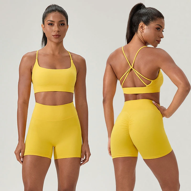 Women's 2-Piece Yoga Set Quick Dry Lightweight Seamless Breathable Cross Back Bra High Waist Butt Lift Sports Shorts Solid