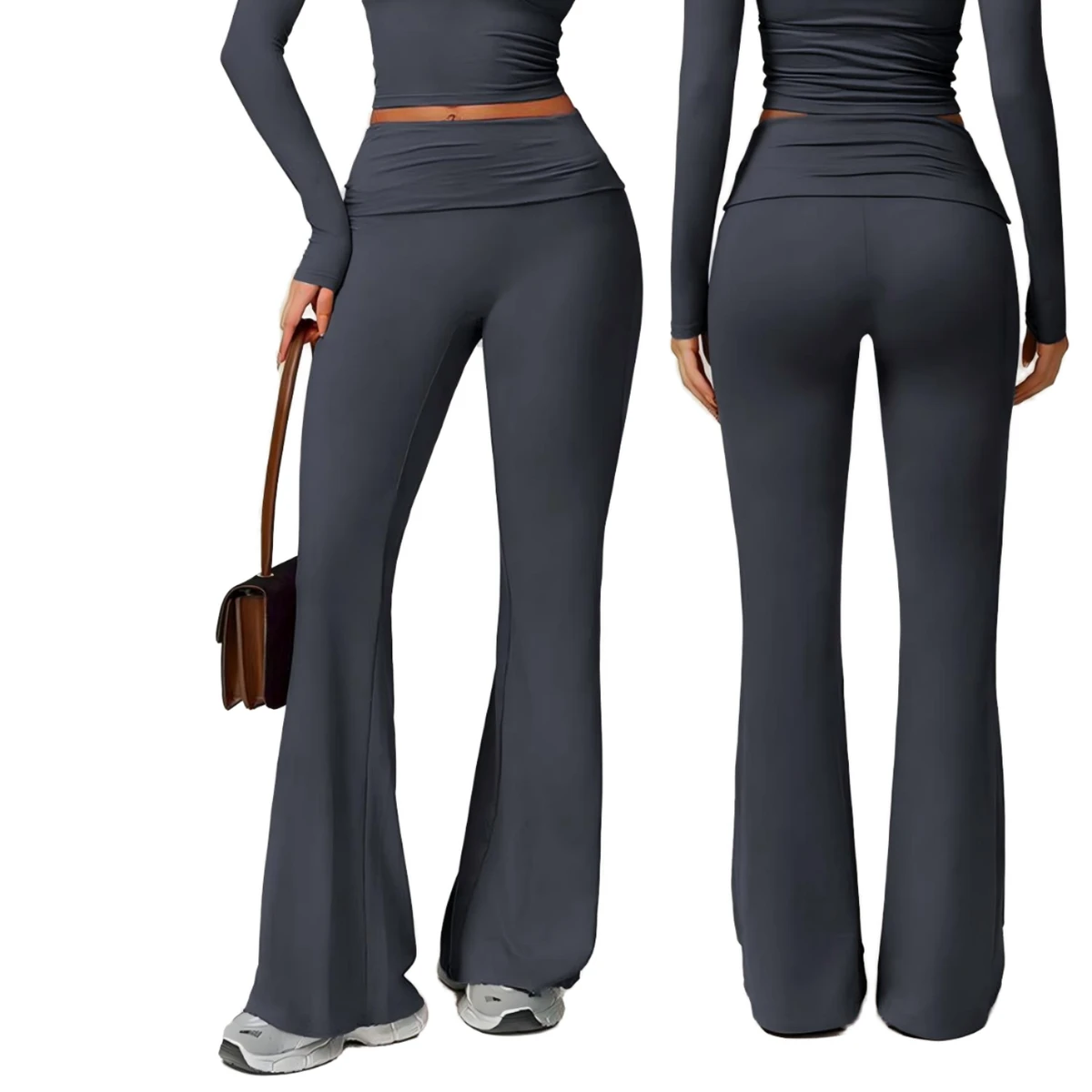 Fashion Solid High Waist Deep V Neck Sexy Yoga Long Sleeve Top Flared Leg Pants Style Lightweight Quick-drying Breathable 2