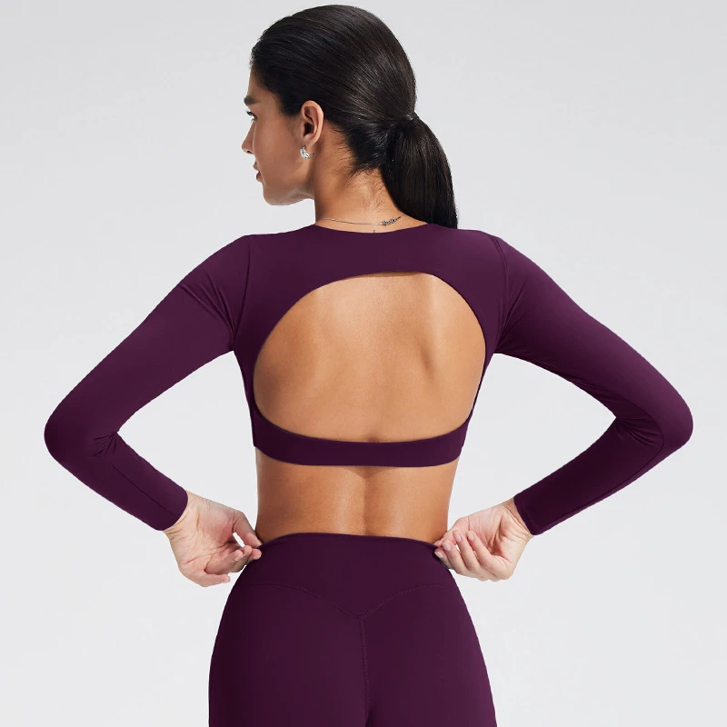 Women Ribbed Hollow Back Crop Top Long Sleeve Breathable Stretch Yoga Fitness Training Activewear