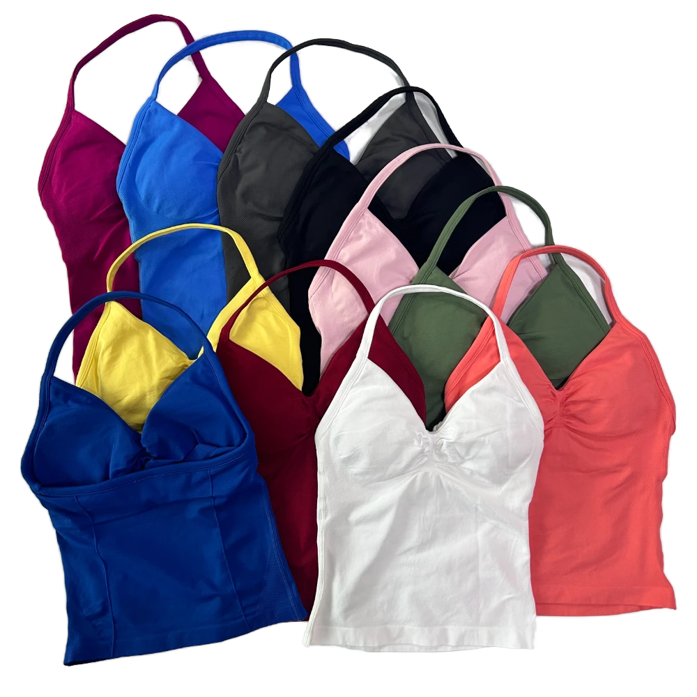 Women's Front Logo Quick Dry Gym Tops Longline Strappy Backless Scrunch Built-In Bra Removable Cups Yoga Tank