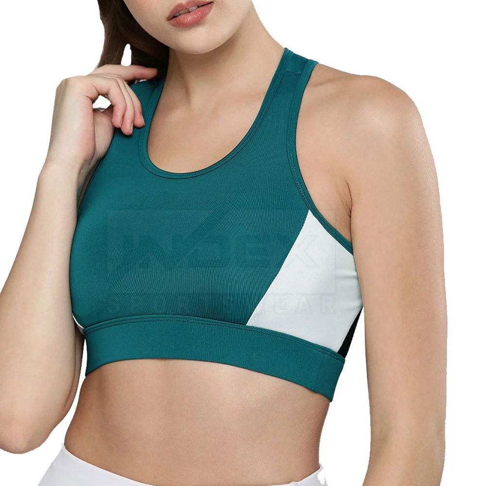 Women's High Support Sports Bra Teal White Color Block U-Neck Adjustable Straps Removable Pads