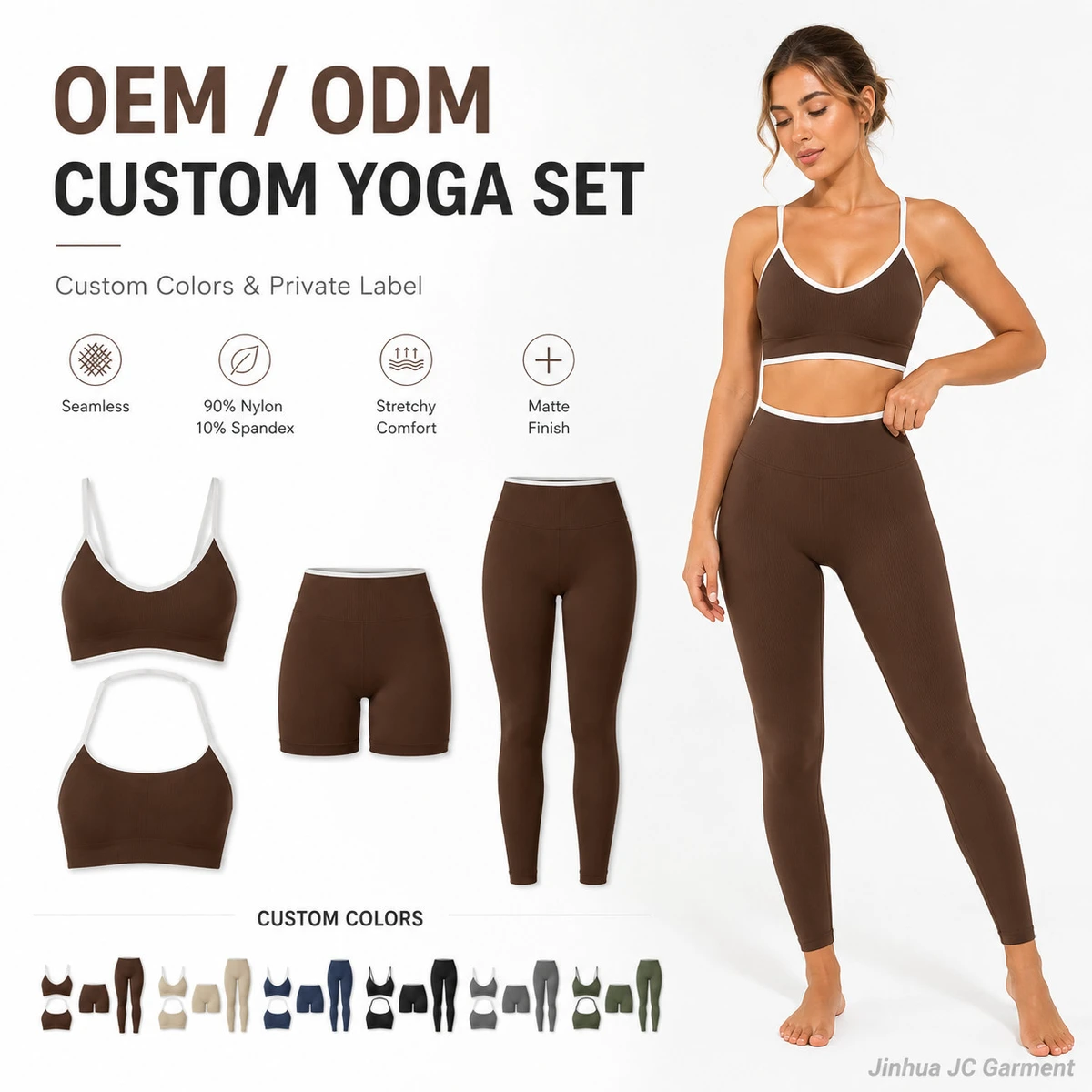 Custom Women Yoga Set 4 Piece 90 Nylon 10 Spandex Seamless Contrast Trim Workout Outfits Halter V Neck Gym Private Label OEM