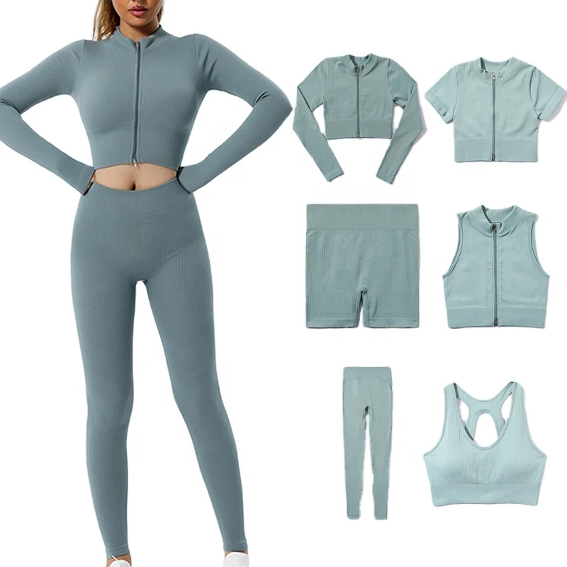 2023 Brand 6 Piece Ribbed Gym Fitness Set Seamless Butt Lifting Tights Yoga Sets Suit Activewear Leggings for Sportswear Women