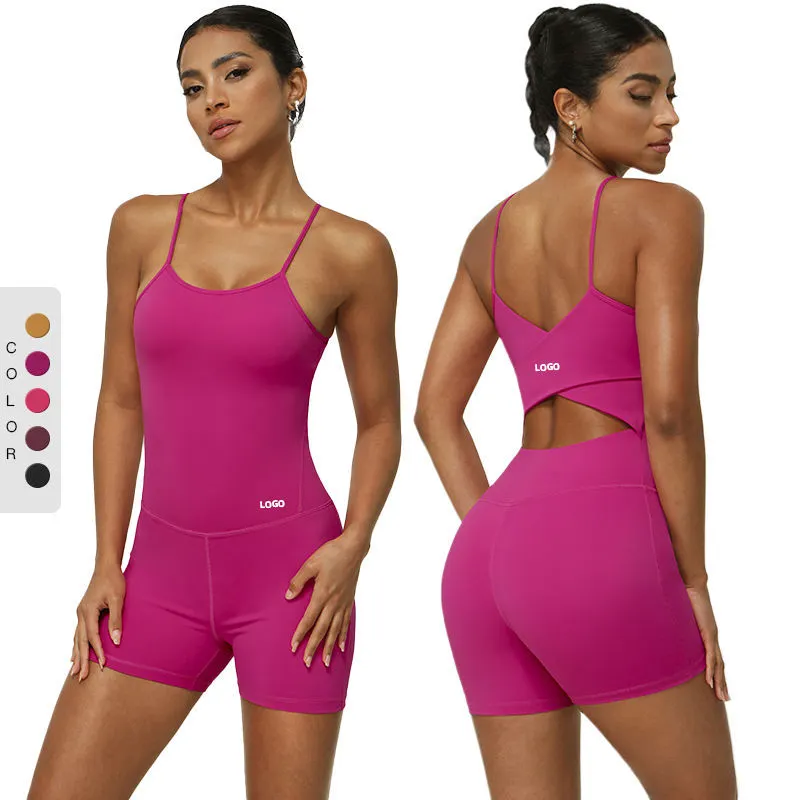 Women's Comfortable Breathable High Elastic Slimming Slim Strap Yoga Wear Shorts Set One-piece Fitness Top One-piece Jumpsuit