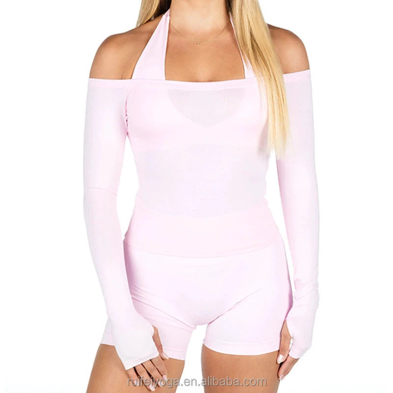 New Custom Stretchy Women's Athletic Fitness Sexy Slim Fit Open Back Long Sleeve Gym Yoga Workout Off the Shoulder Top