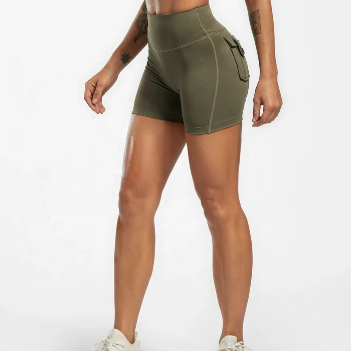 Custom Solid Pattern Fitness High-Waisted Elastic Waistband Skinny Pocket Women's Gym Yoga Shorts