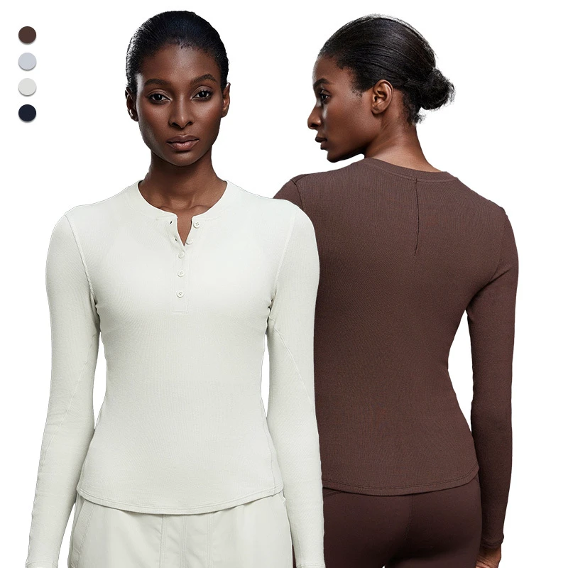 D25146 Women Modal Comfortable Sporty Top for Fitness Long-sleeved Button Collar Yoga Shirt