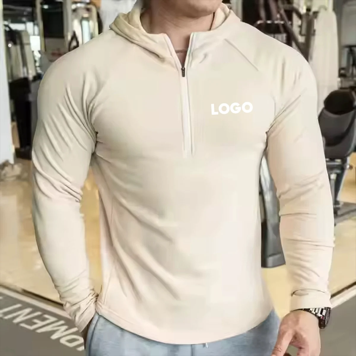 Manufacturer Active Men'S Breathable Long Sleeves Fleece Half Zip Hooded Tops Fitness Workout Custom Plain Running Shirts Hoodie