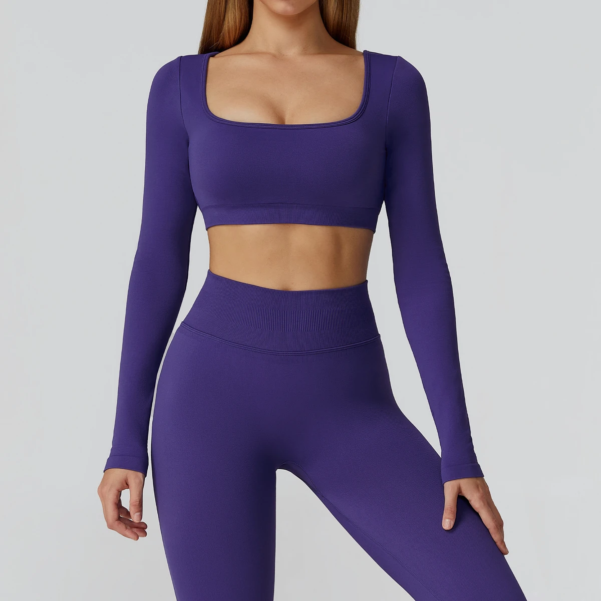Women Breathable Lightweight Plus Size Seamless Yoga Top Long Sleeve Slim Fit Open Back Cut-Out Four-Way Stretch Running Gym