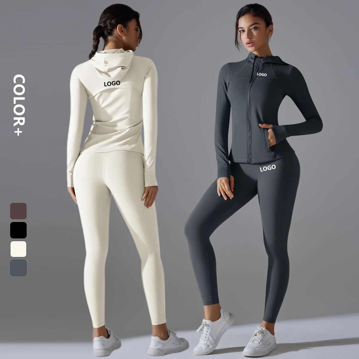 Custom Logo Women Quick Dry Sport Yoga Hooded Jacket Slim Gym Fitness Workout Zipper Track Leggings Sets