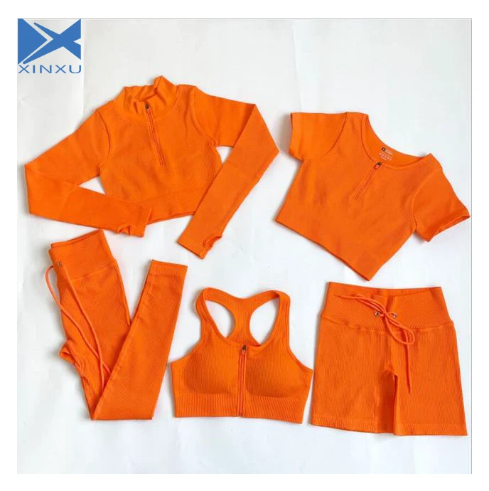 XINXU New Yoga Set Custom Solid Long Sleeve Zipper Bra Ribbed Gym Breathable Sports 5 Pcs Sets Women