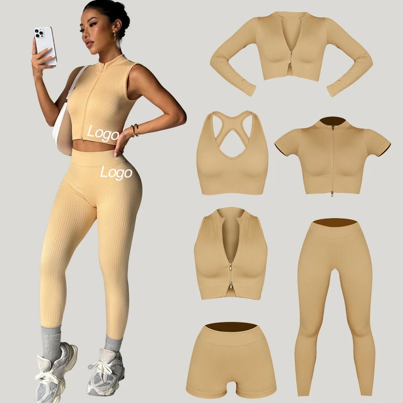 Women's Custom Printed 6-Piece Sportswear Gym Fitness Set Solid Yoga Workout Clothes Including Leggings Bra Plus Size Options