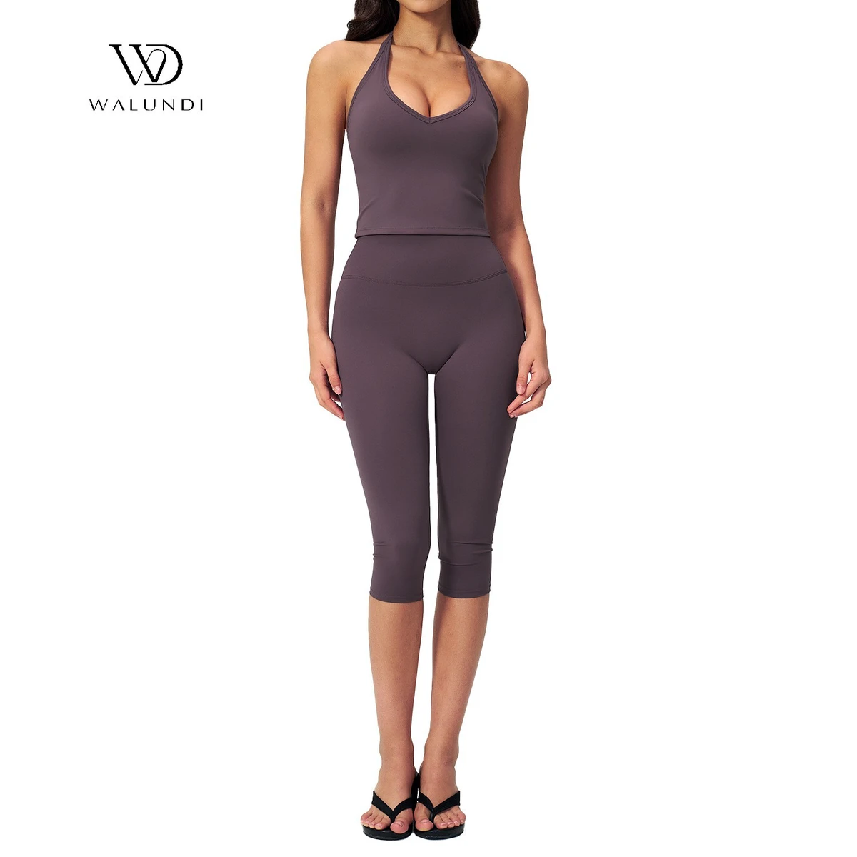 Yoga Set Women's Solid Color Multifunctional Quick Dry Fitness Activewear Halterneck High Waist Capri Pants 2 Piece Sportswear