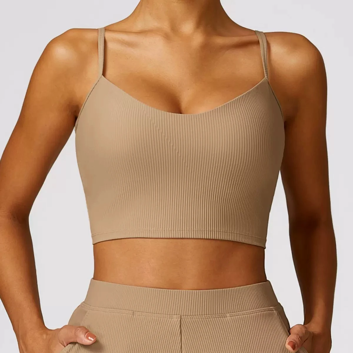 Spring Solid Ribbed Crisscross Straps High Support Quick-drying Tight-fitting Yoga Fitness Vest Scoop Neck Front for Women