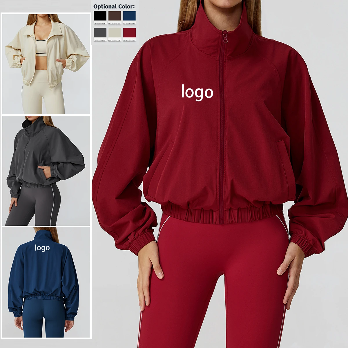 Quick-Dry Stand-Up Collar Sports Jacket for Women Zipper Windproof Outdoor Running Fitness Long-Sleeve Yoga Top