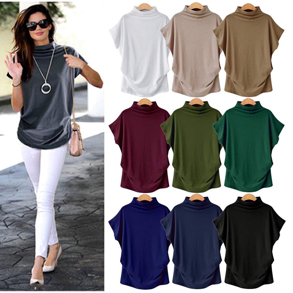 New Women Summer Casual T-shirt High Neck Bat-wing Short Sleeve Loose Blouse Plus Size Top Lady Solid Stretchy Shirt