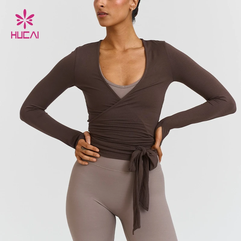 HUCAI Custom Spandex Stretchy Modal Sexy Soft Deep V Neck Long Sleeve Women Gym t Shirt Yoga Ballet Wrap Top